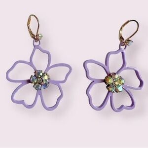 Betsey Johnson Lavender Petal Flower Earrings with Clear Crystal in the Center